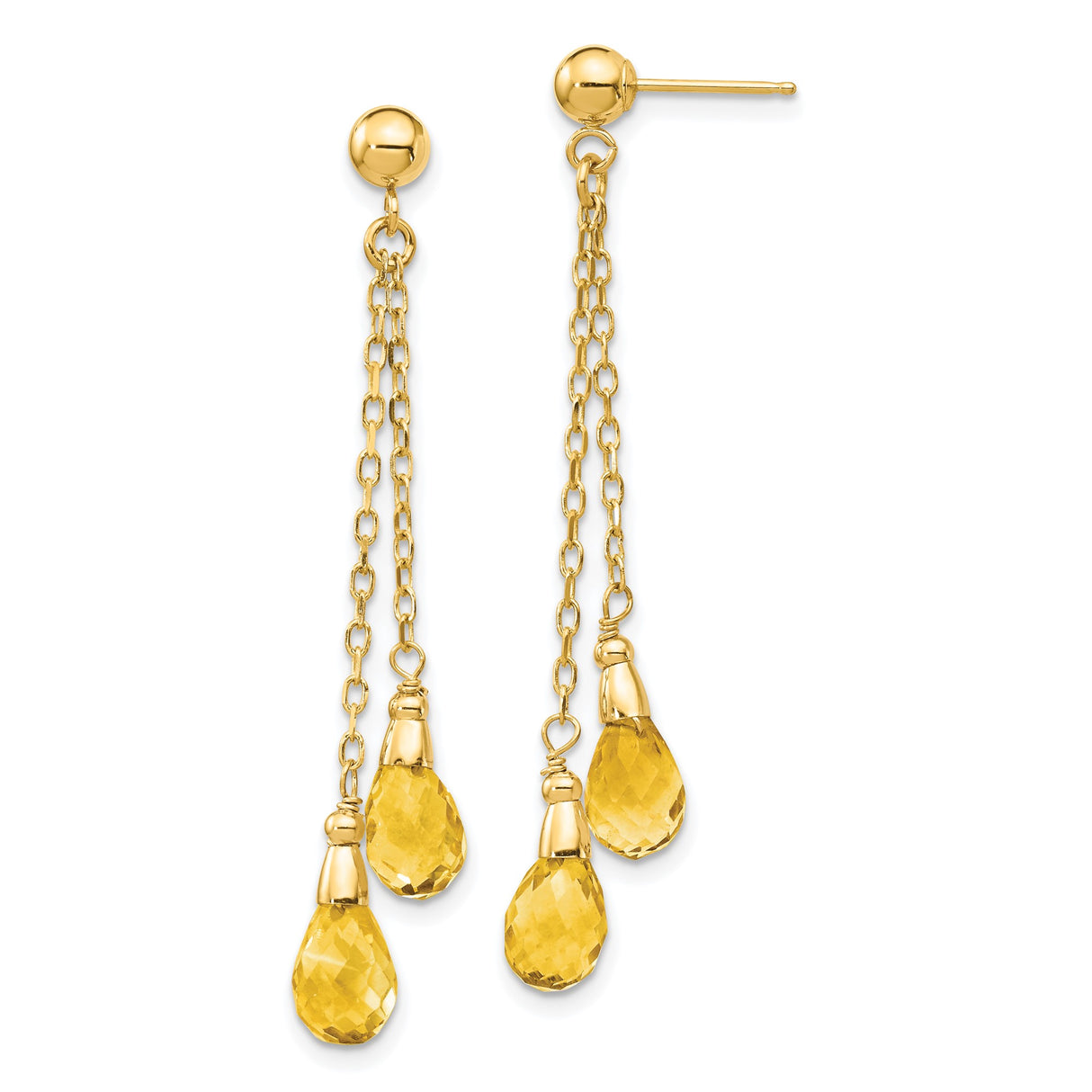 14k Yellow Gold Dangle Earrings with Citrine Teardrops and Triple Drop Chains