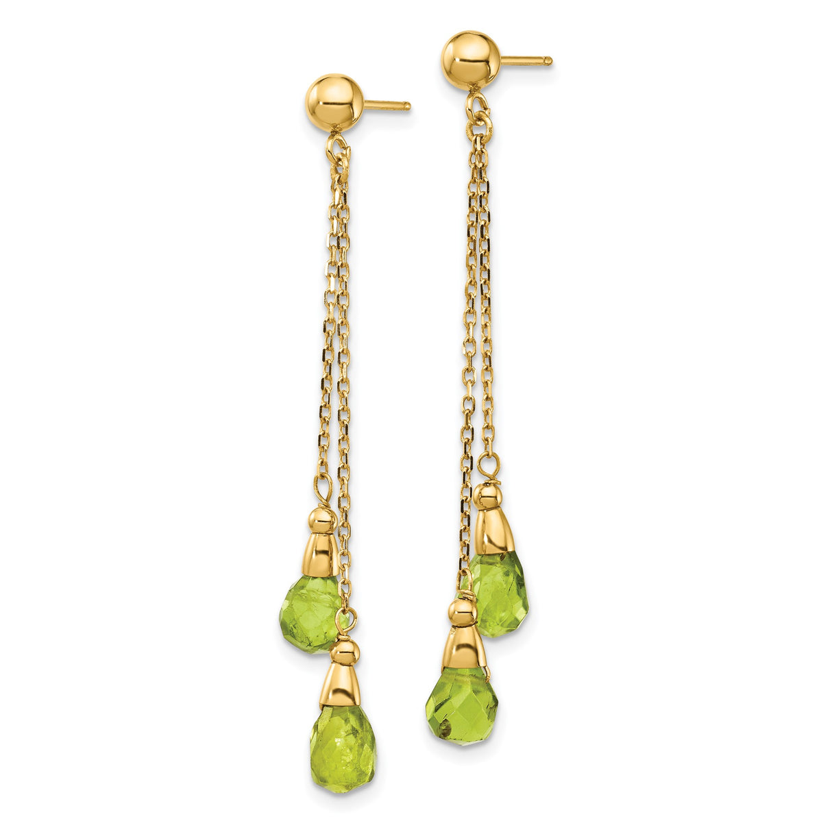 14k Yellow Gold Dangle Earrings with Peridot Briolette, Delicate Chain Drop Design