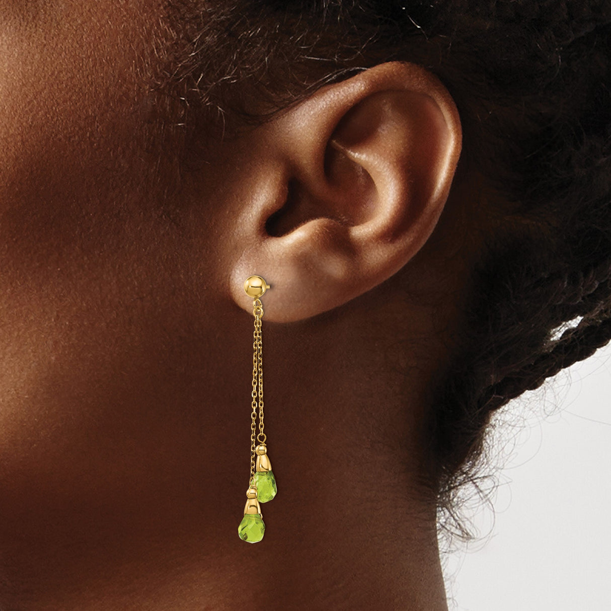 14k Yellow Gold Dangle Earrings with Peridot Briolette, Delicate Chain Drop Design