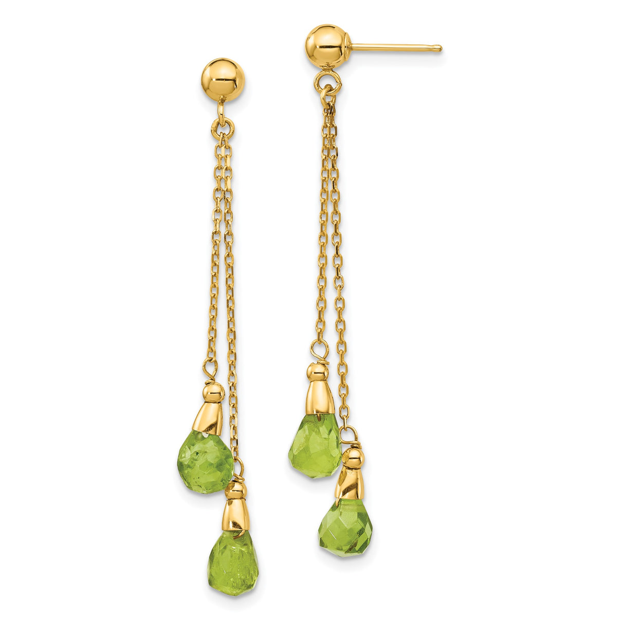 14k Yellow Gold Dangle Earrings with Peridot Briolette, Delicate Chain Drop Design