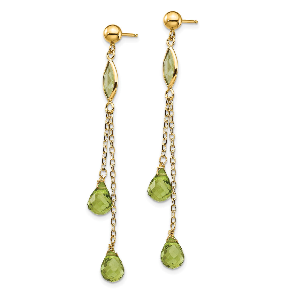 14k Yellow Gold Dangle Earrings with Marquise and Teardrop Peridot, Long Chain Design