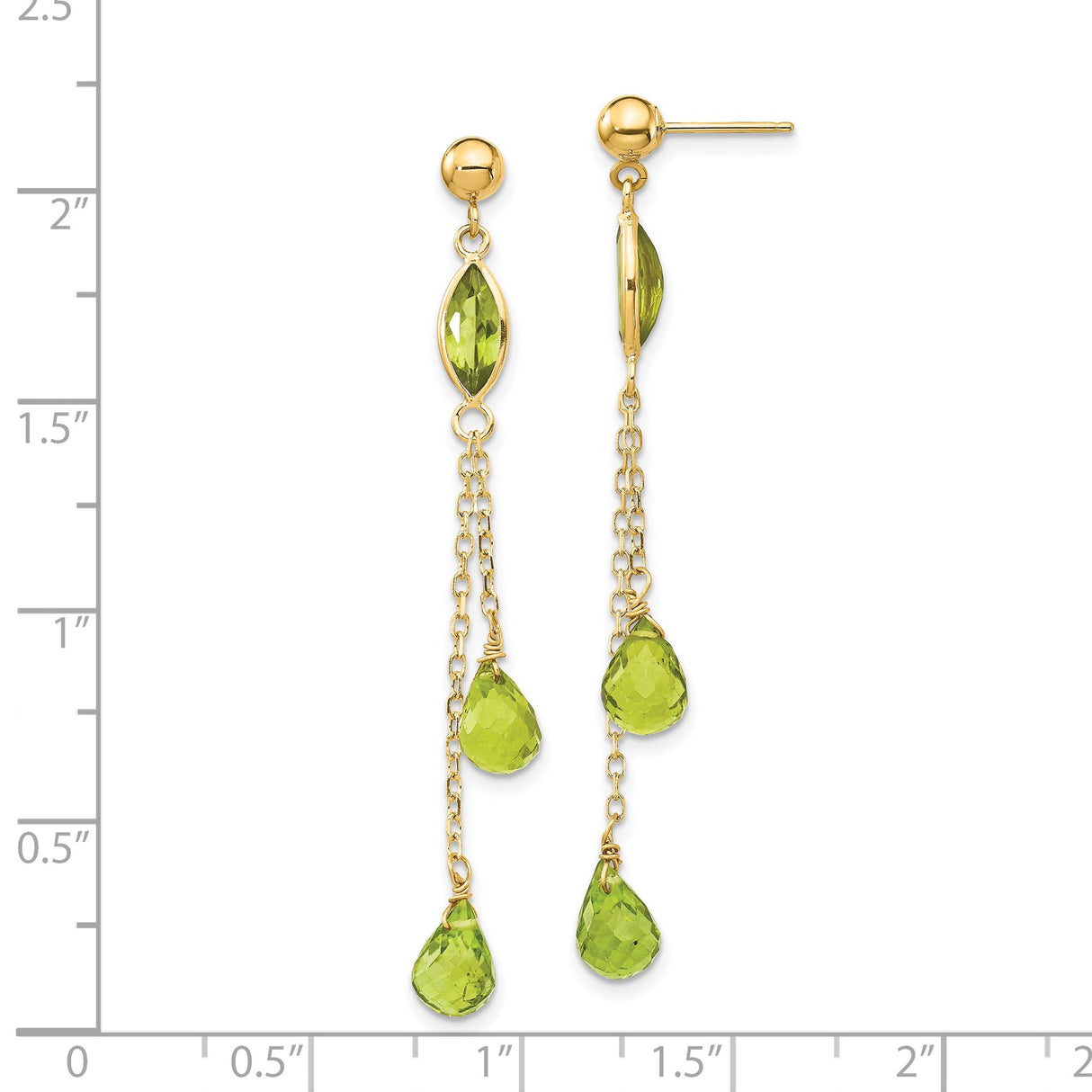 14k Yellow Gold Dangle Earrings with Marquise and Teardrop Peridot, Long Chain Design