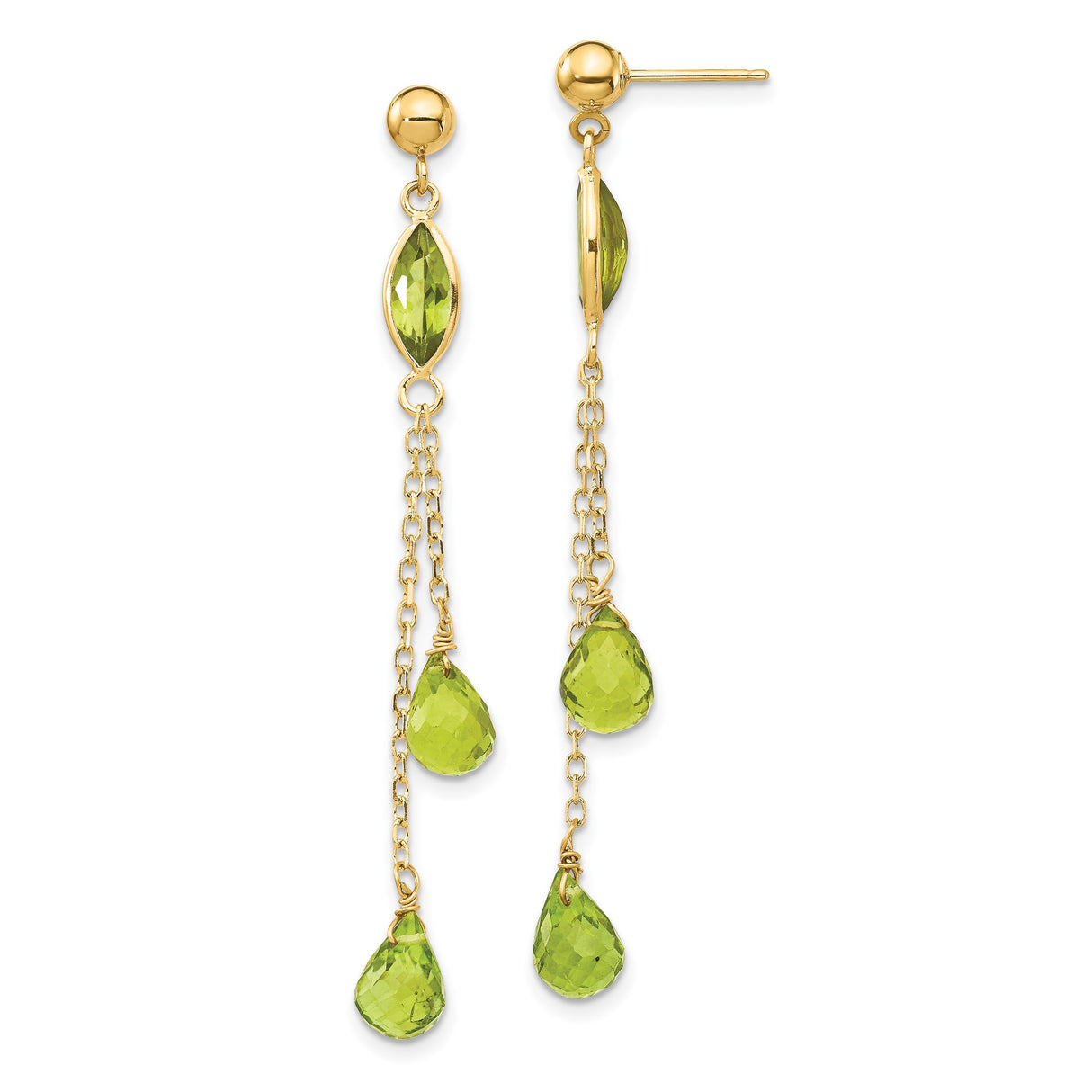 14k Yellow Gold Dangle Earrings with Marquise and Teardrop Peridot, Long Chain Design