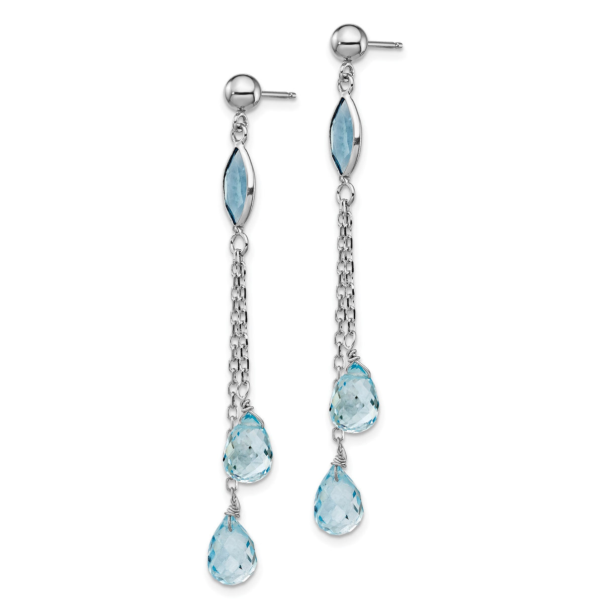 14k White Gold Dangle Earrings with Swiss Blue and Sky Blue Topaz, Delicate Chain Drop Design