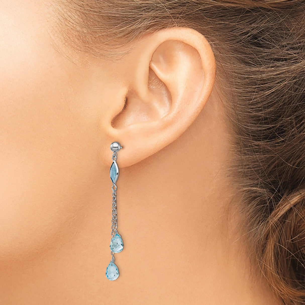 14k White Gold Dangle Earrings with Swiss Blue and Sky Blue Topaz, Delicate Chain Drop Design