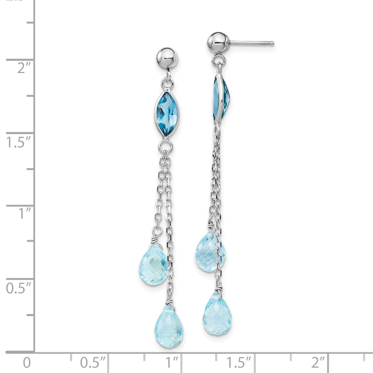 14k White Gold Dangle Earrings with Swiss Blue and Sky Blue Topaz, Delicate Chain Drop Design