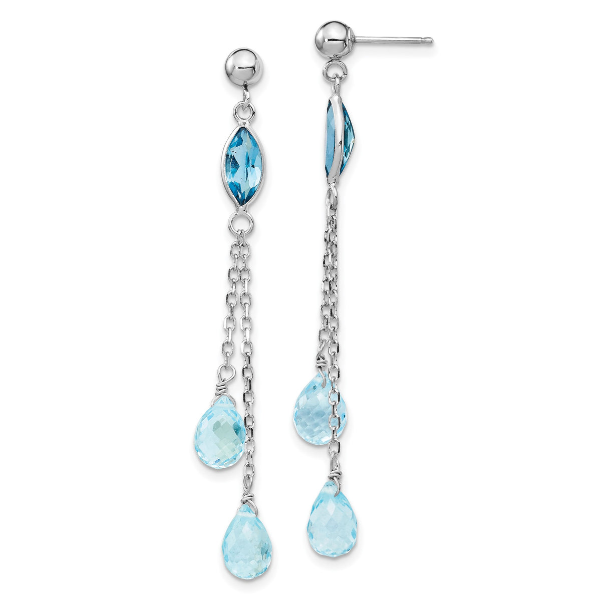 14k White Gold Dangle Earrings with Swiss Blue and Sky Blue Topaz, Delicate Chain Drop Design