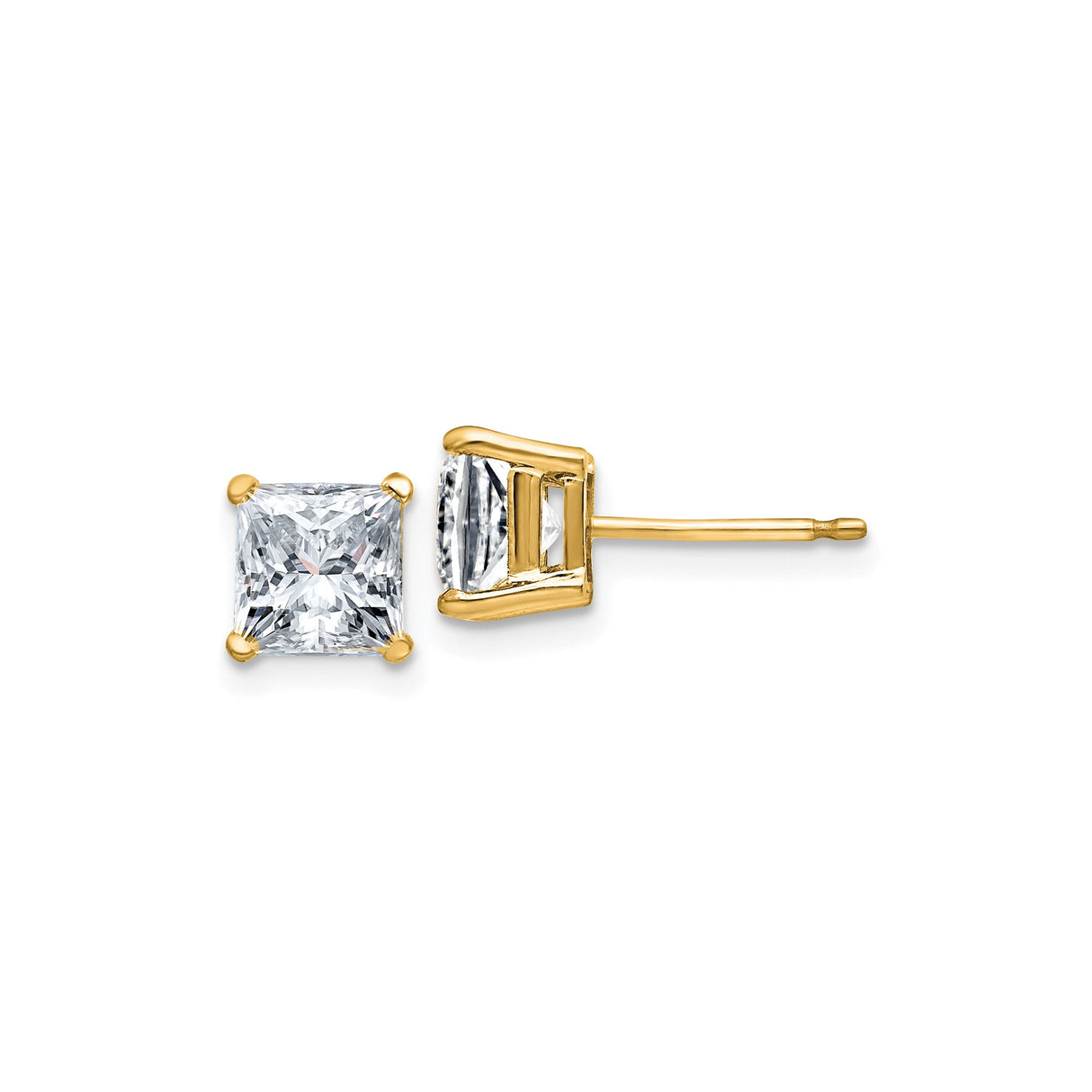 14k Yellow Gold Princess Cut Moissanite Stud Earrings, Solitaire, Minimalist Design