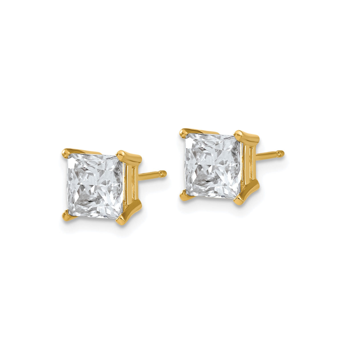14k Yellow Gold Princess Cut Moissanite Stud Earrings, Four Prong Square Design for Women