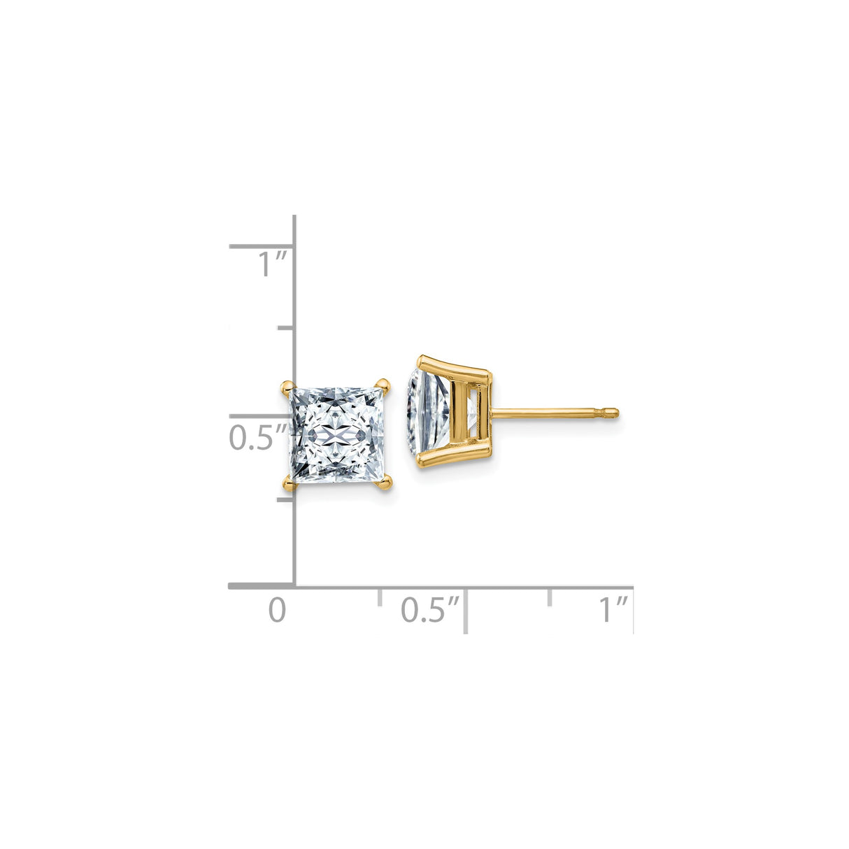 14k Yellow Gold Moissanite Stud Earrings, Princess Cut Solitaire in Four Prong Basket Setting