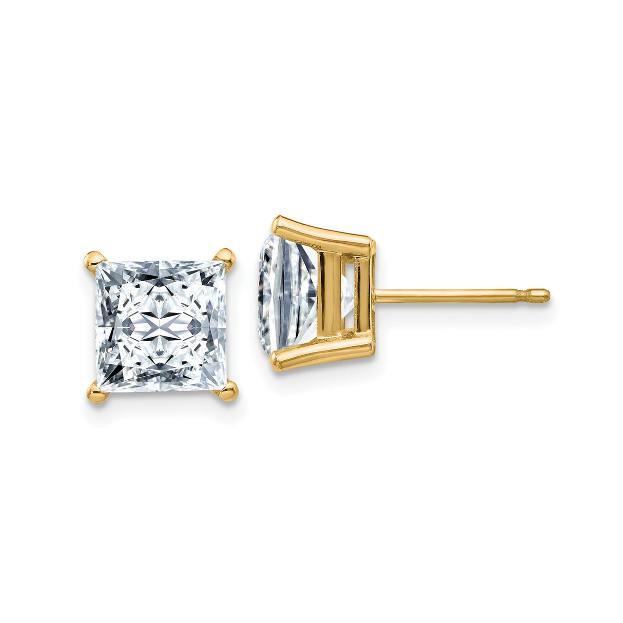 14k Yellow Gold Moissanite Stud Earrings, Princess Cut Solitaire in Four Prong Basket Setting