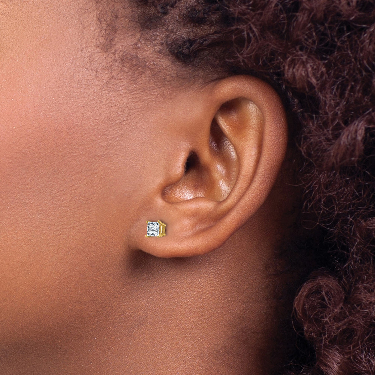 14k Yellow Gold Stud Earrings with Princess Cut Moissanite in Four Prong Setting