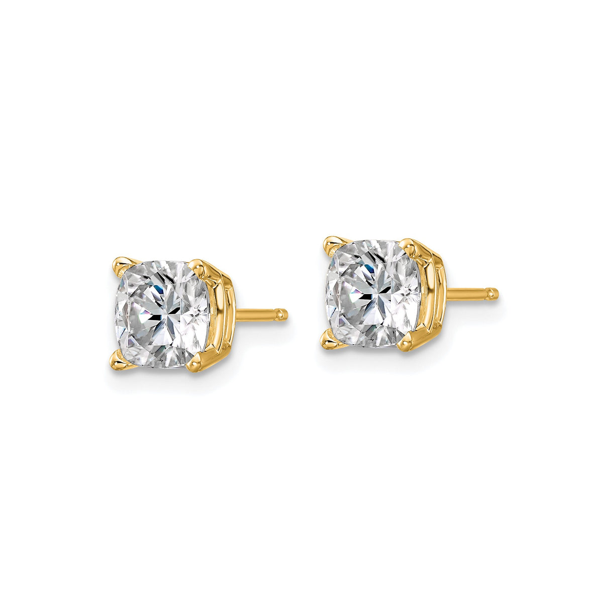 14k Yellow Gold Cushion Cut Moissanite Stud Earrings, Classic 4-Prong Solitaire Style