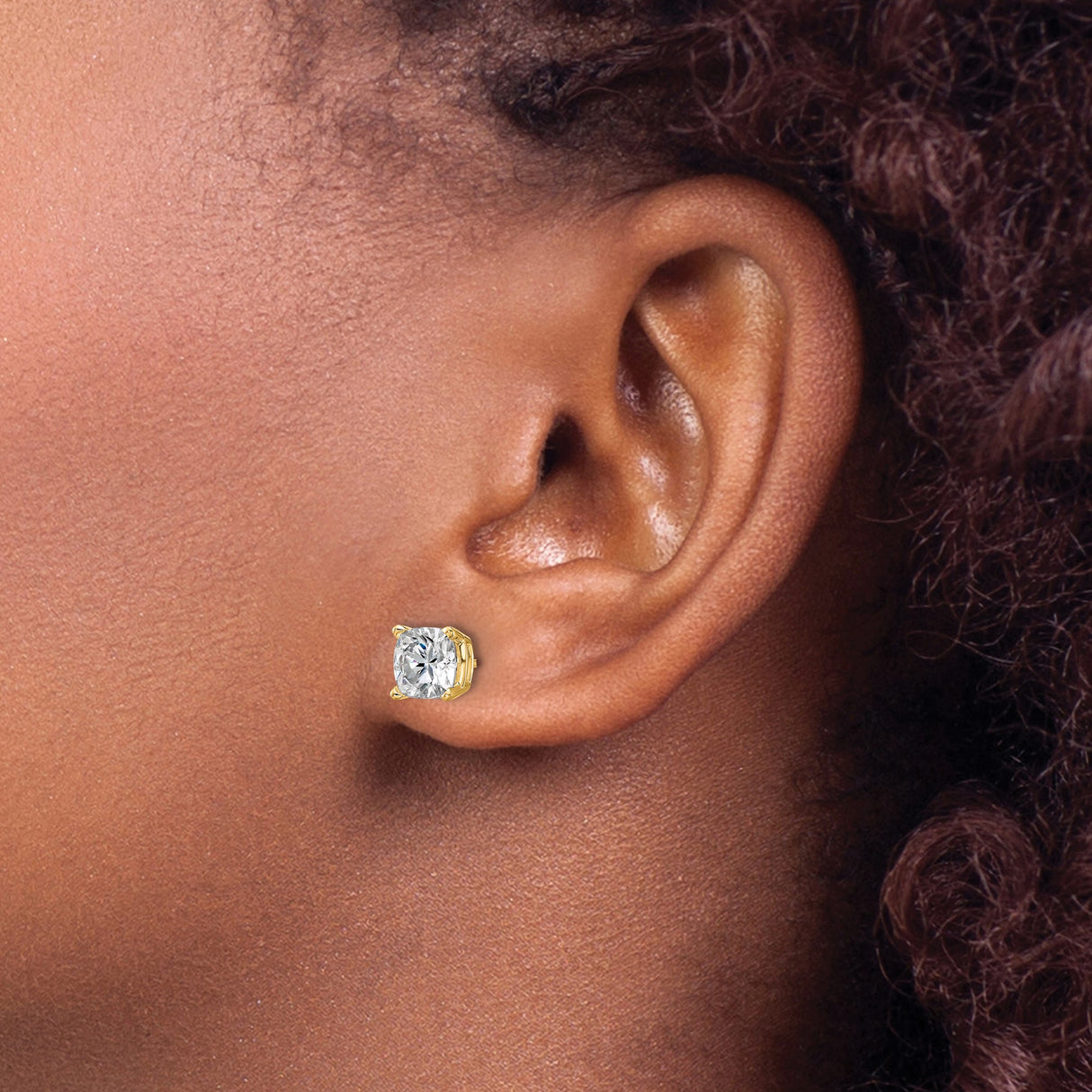 14k Yellow Gold Stud Earrings with Cushion Cut Moissanite in Four Prong Setting