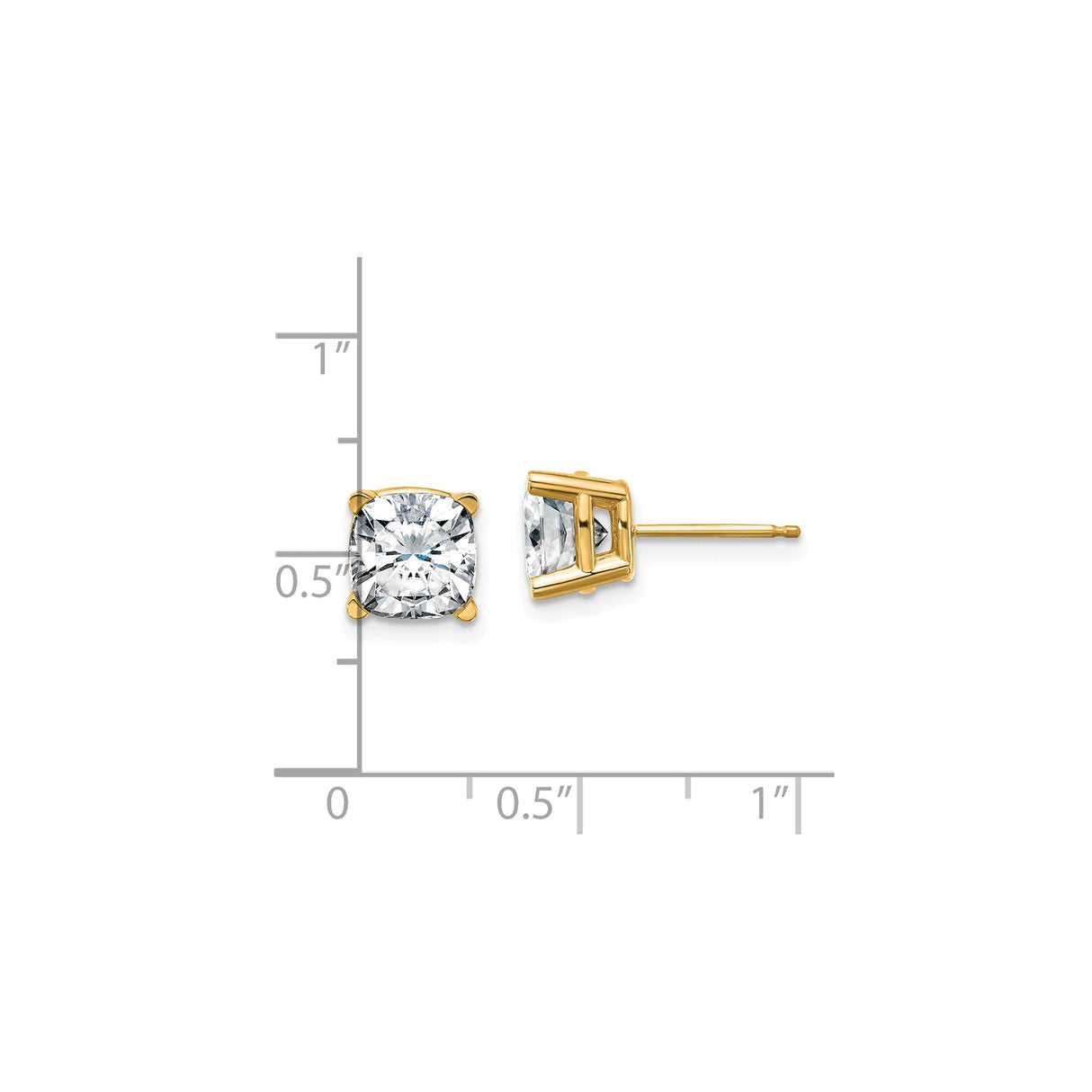 14k Yellow Gold Cushion Cut Moissanite Stud Earrings, Solitaire Four Prong Setting