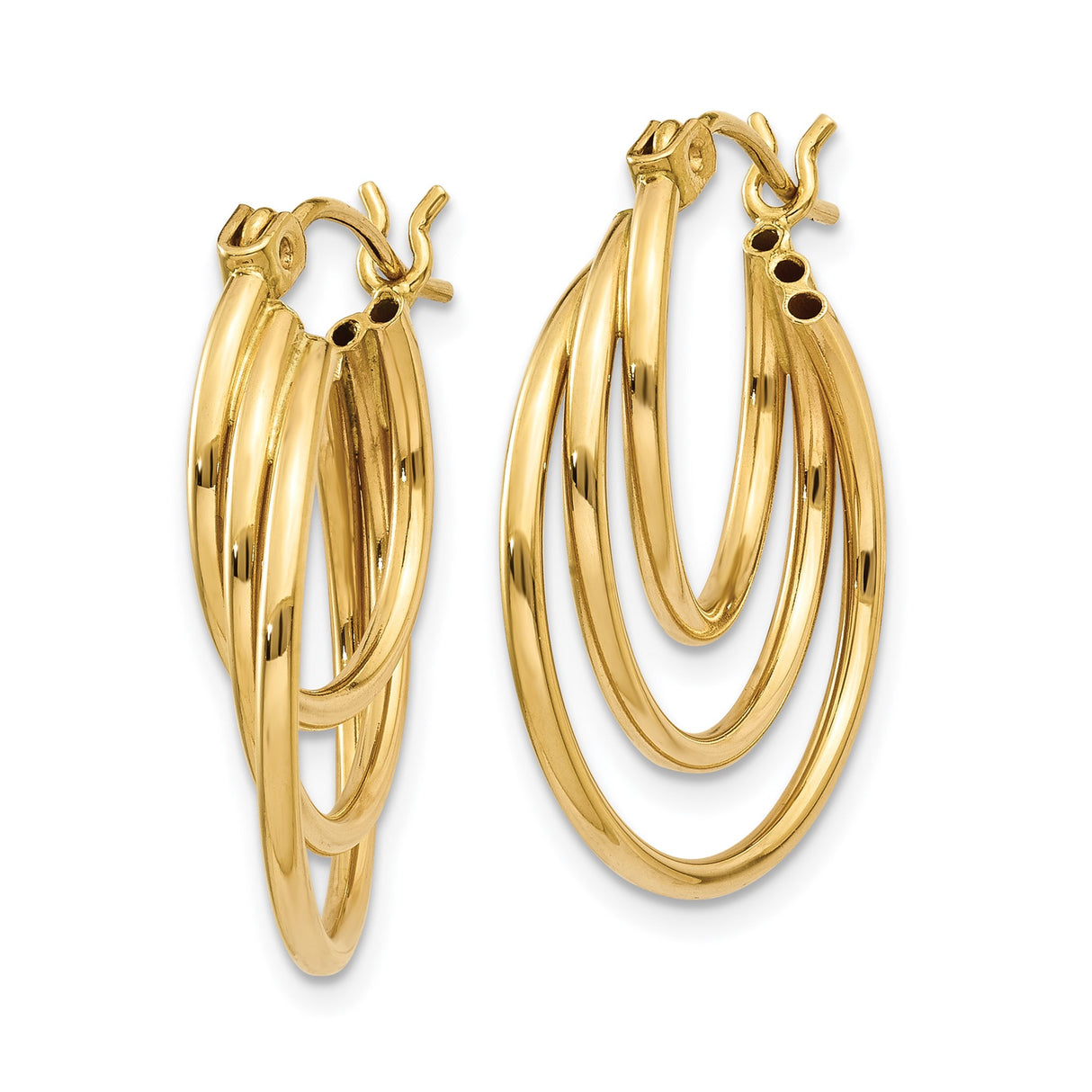14k Yellow Gold Hoop Earrings, Triple Tube Layered Design, Lightweight Polished Statement Style