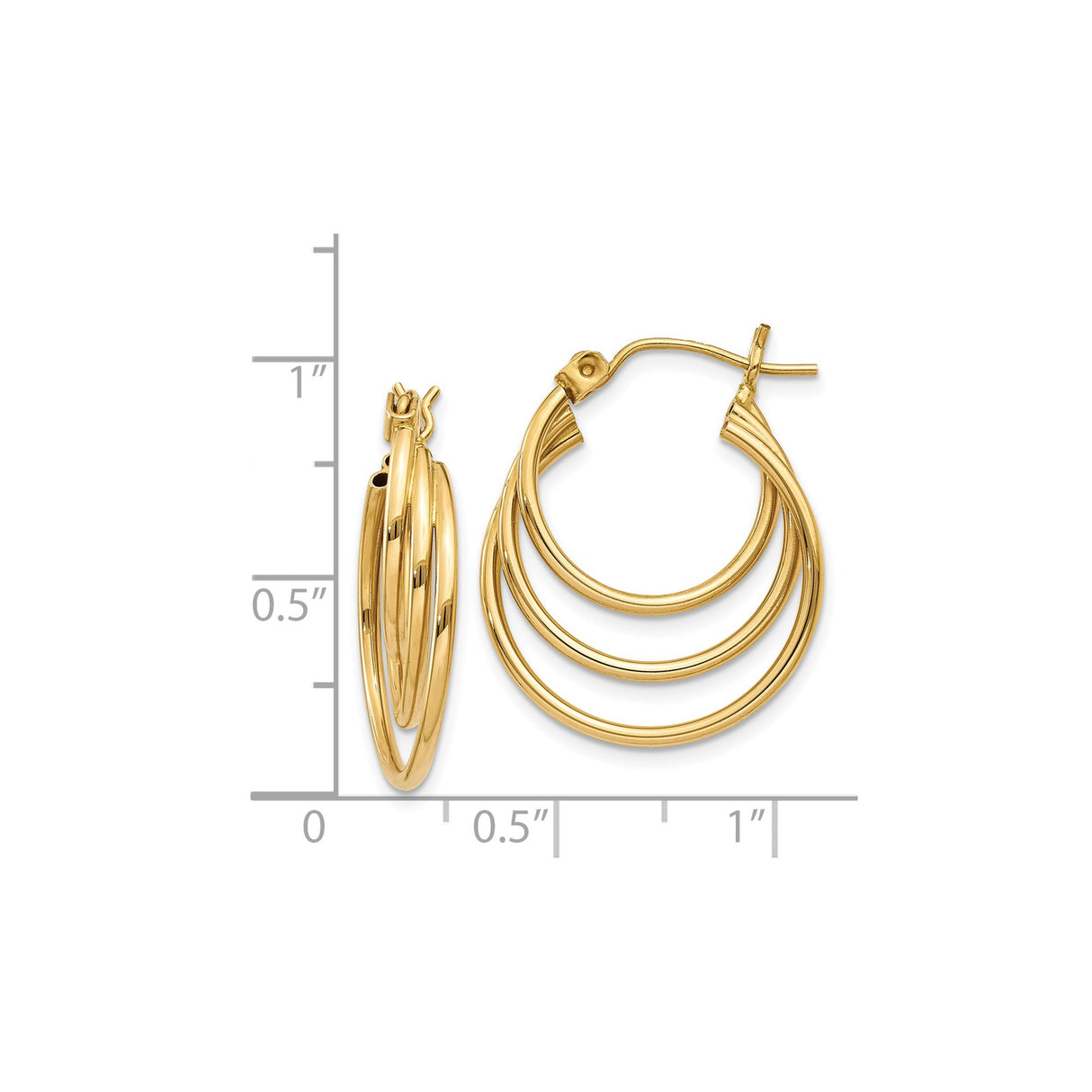 14k Yellow Gold Hoop Earrings, Triple Tube Layered Design, Lightweight Polished Statement Style