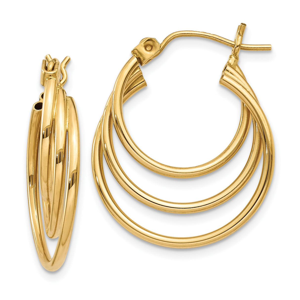 14k Yellow Gold Hoop Earrings, Triple Tube Layered Design, Lightweight Polished Statement Style