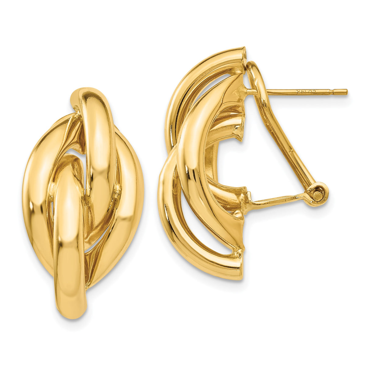 14k Yellow Gold Twisted Knot Earrings with Omega Backs, Bold Loop Design for Women