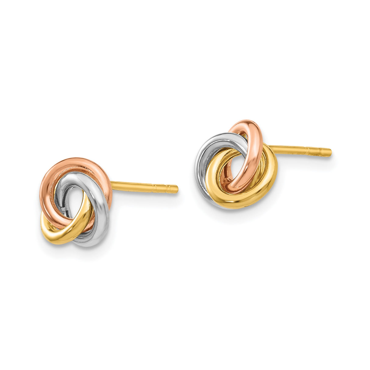 14k Tri-Color Gold Love Knot Stud Earrings, Intertwined Yellow, White, and Rose Gold Loops