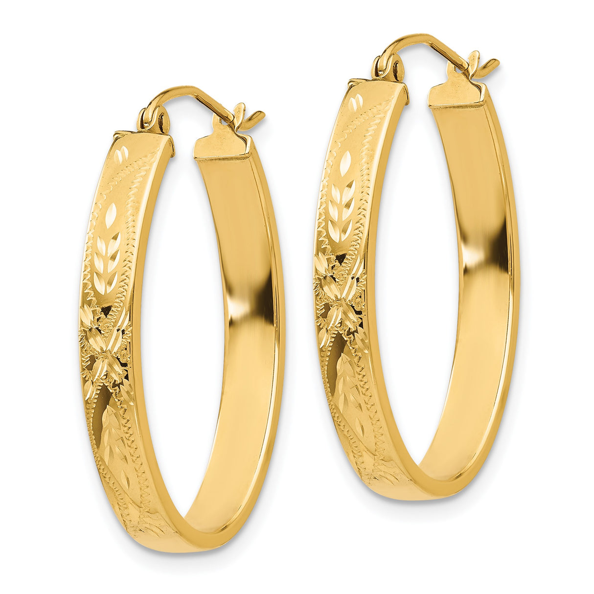 14k Yellow Gold Oval Hoop Earrings with Floral and Leaf Motif, Polished and Textured Finish