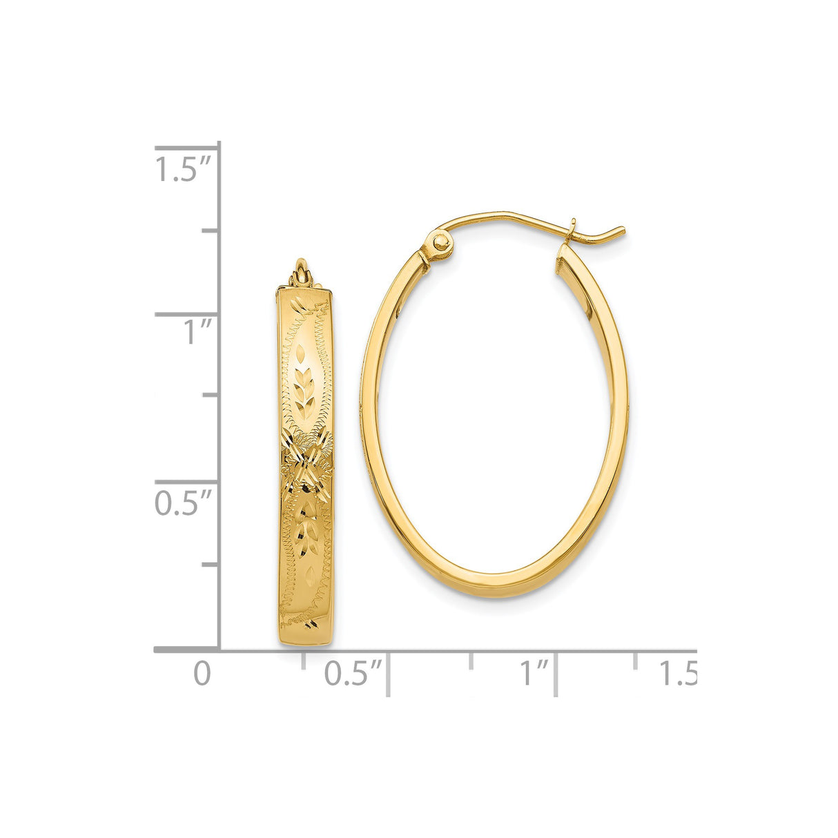 14k Yellow Gold Oval Hoop Earrings with Floral and Leaf Motif, Polished and Textured Finish