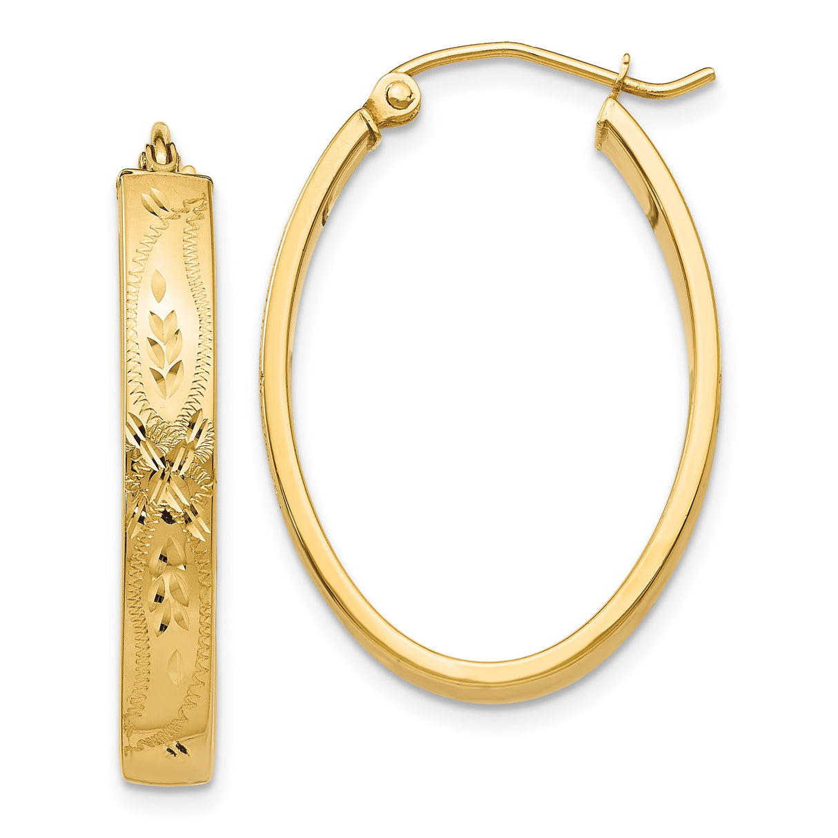 14k Yellow Gold Oval Hoop Earrings with Floral and Leaf Motif, Polished and Textured Finish