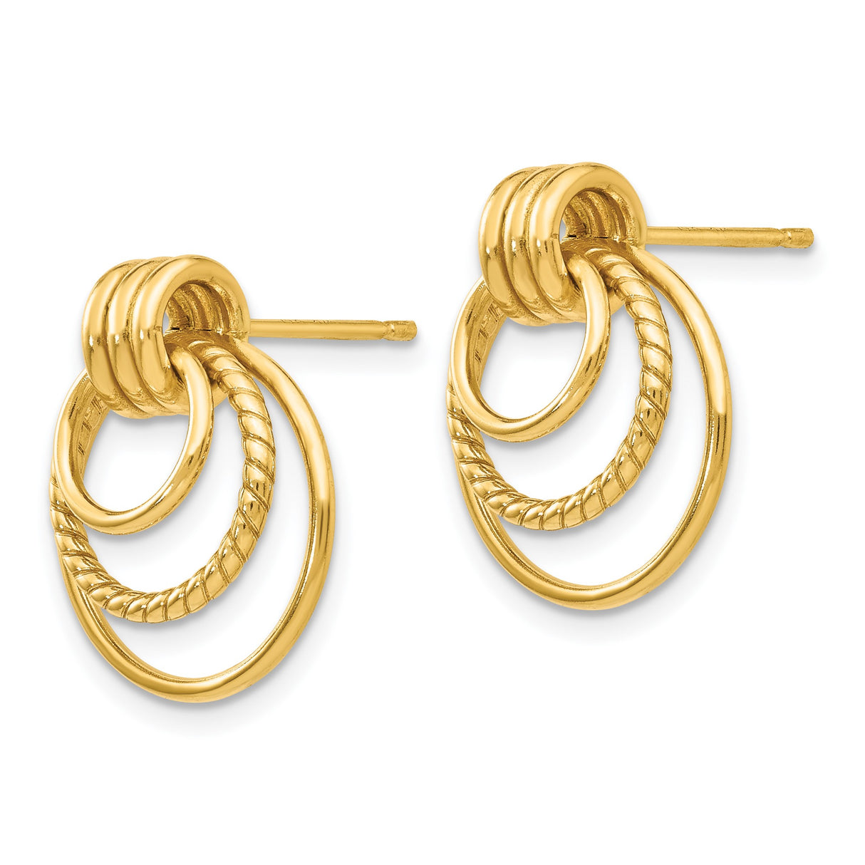 14k Yellow Gold Stud Earrings, Interlocking Polished and Textured Hoop Circles