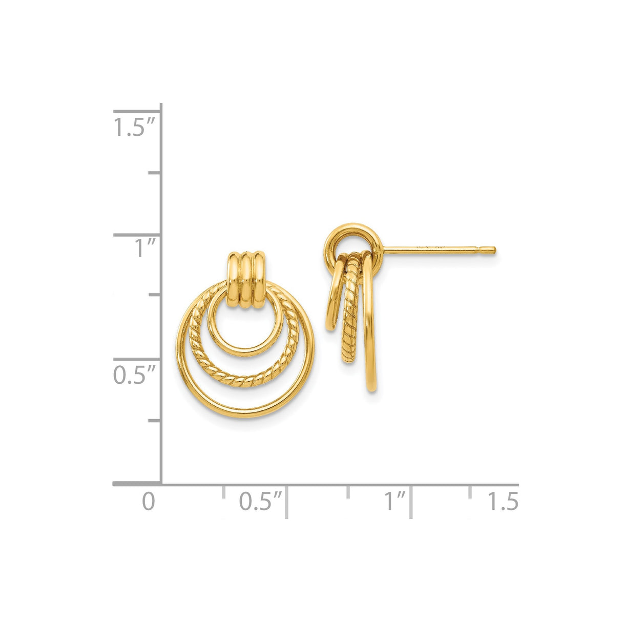 14k Yellow Gold Stud Earrings, Interlocking Polished and Textured Hoop Circles