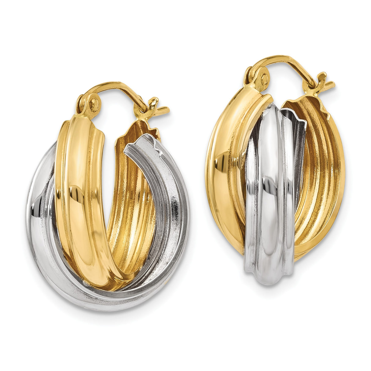 14k Yellow White Gold Double Hoop Earrings with Twisted Two-Tone Design