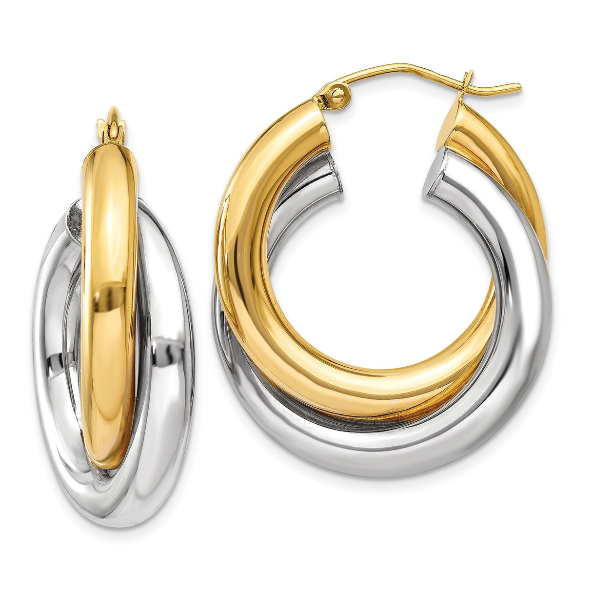 14k Two-Tone Yellow and White Gold Hoop Earrings with Intertwined Polished Loops