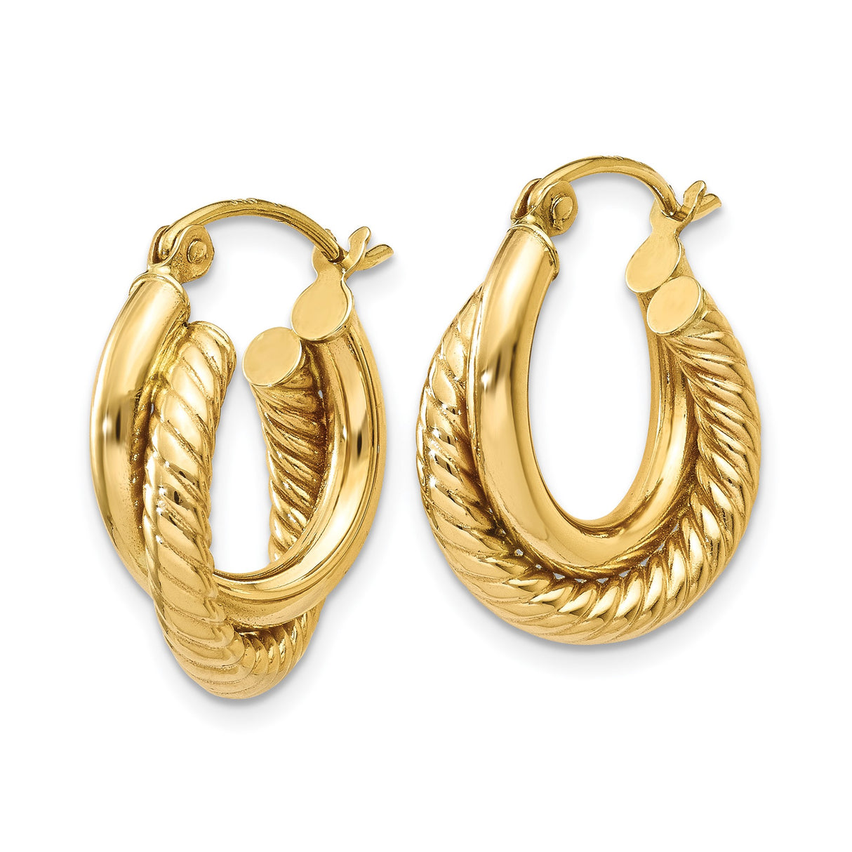14k Yellow Gold Hoop Earrings with Twisted Rope Design, Textured Classic Style for Women