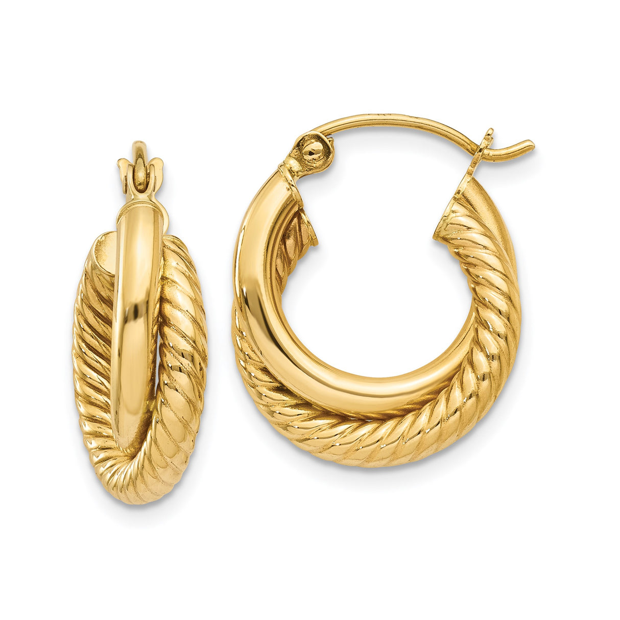 14k Yellow Gold Hoop Earrings with Twisted Rope Design, Textured Classic Style for Women