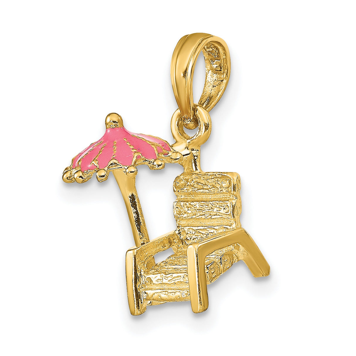 14k Yellow Gold Beach Chair and Umbrella Pendant with Pink Enamel, Coastal Vacation Charm