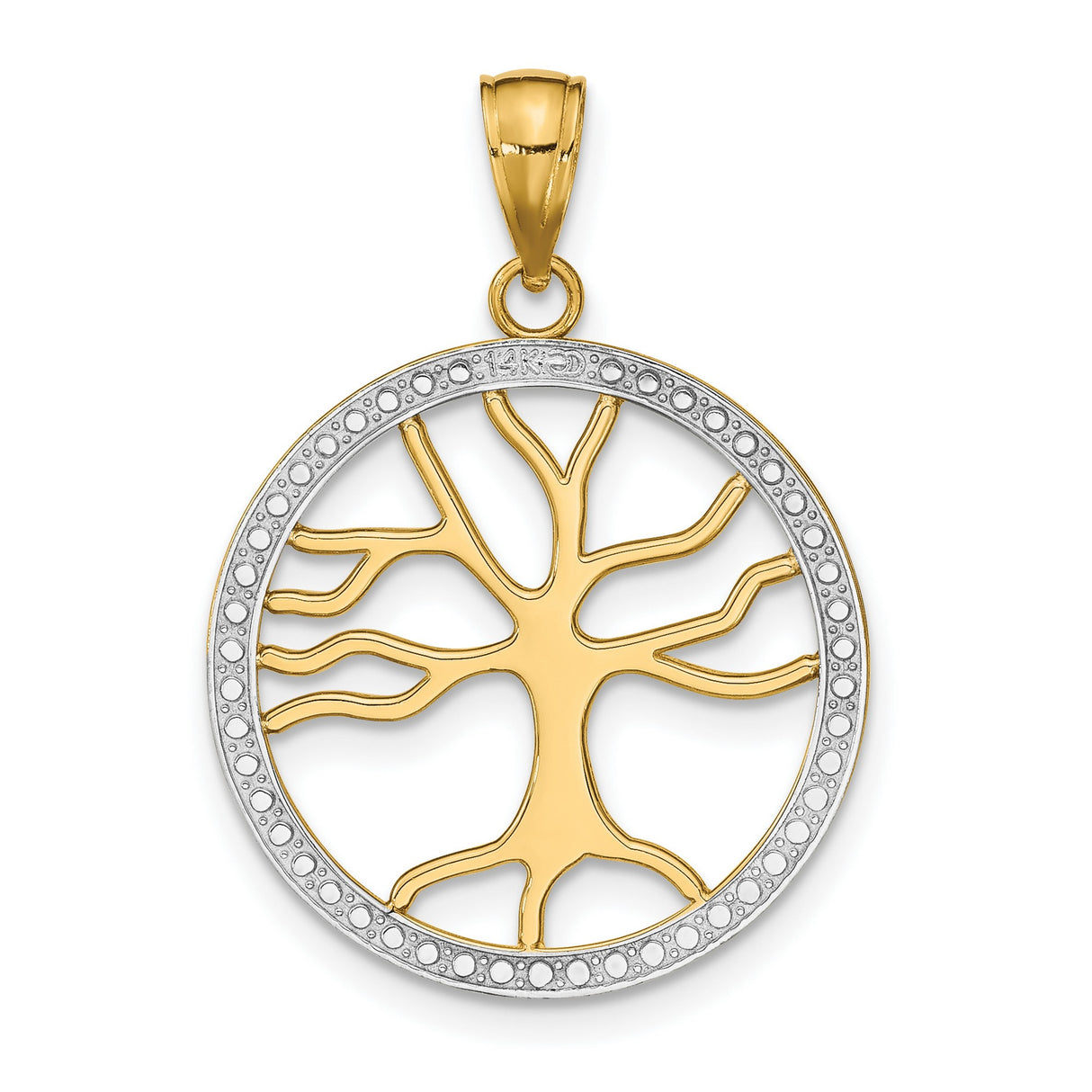 14k Two-Tone Gold Tree of Life Pendant, Openwork Round Design with Textured Border