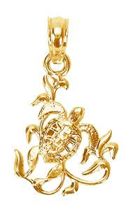 14k Yellow Gold Sea Turtle Pendant, Ocean Inspired Tropical Marine Life Charm