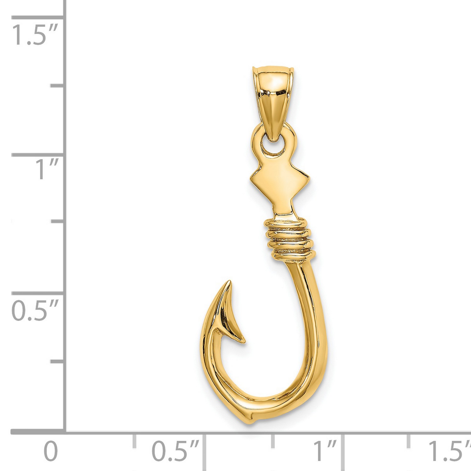 3D Large Fish Hook with Rope Charm In Real 14k Yellow Gold 26 mm x 12