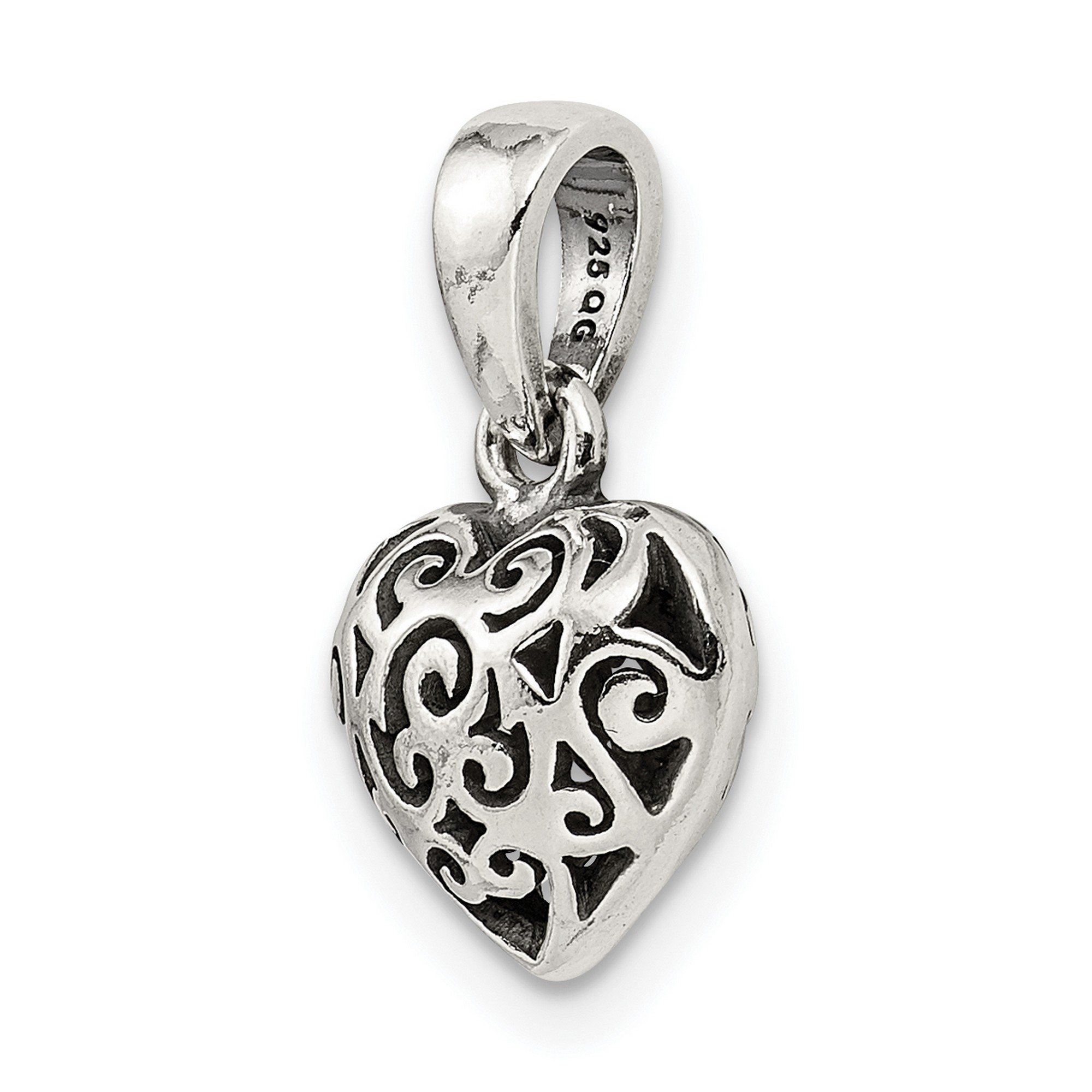 Puffed Heart Filigree Style Charm Pendant in 925 Sterling Silver 13 mm ...