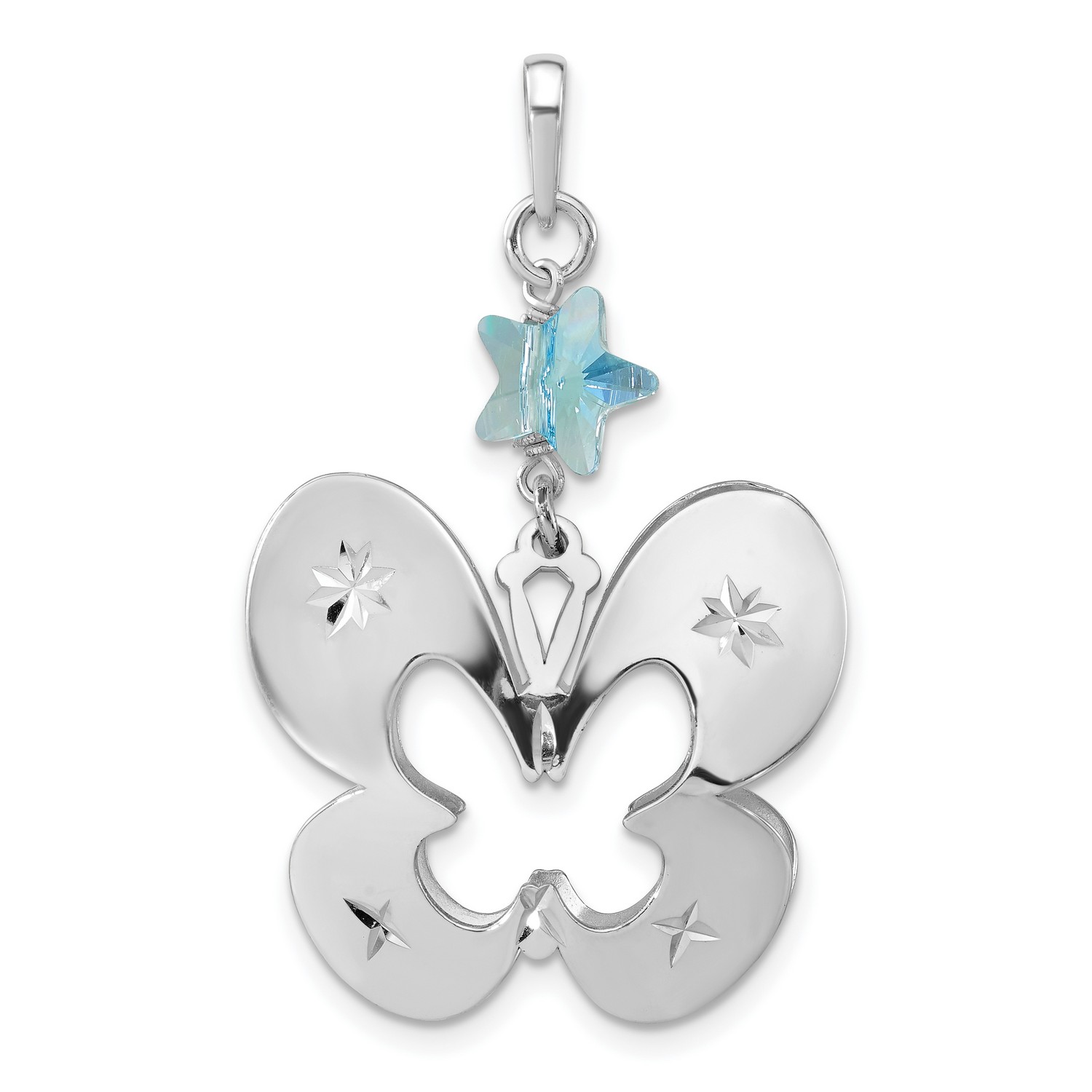 Sterling Silver Polished Diamond Cut Butterfly Lt Blue Glass Charm ...