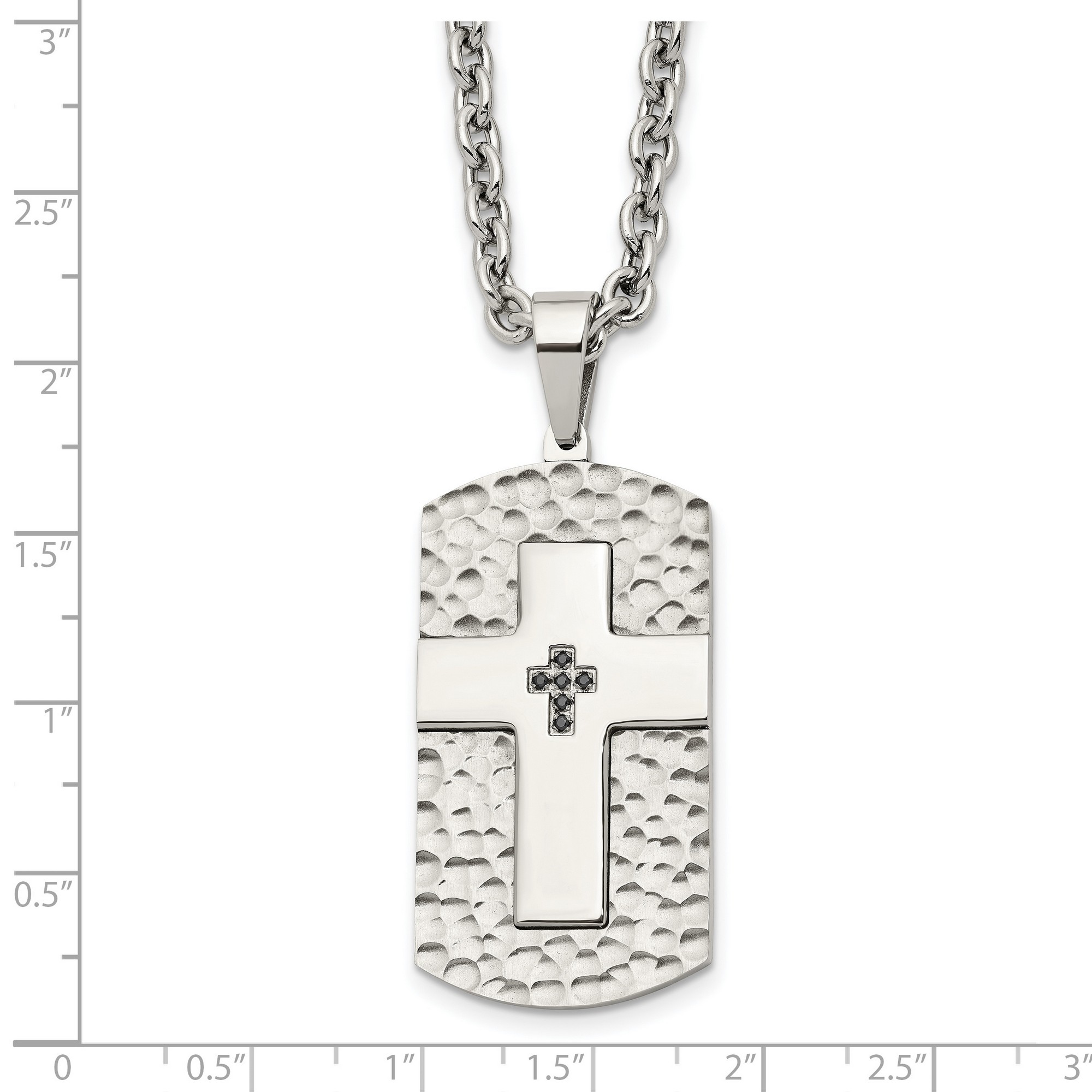 Stainless Steel Polished Black CZ Cross On Hammered Dog Tag Necklace | eBay