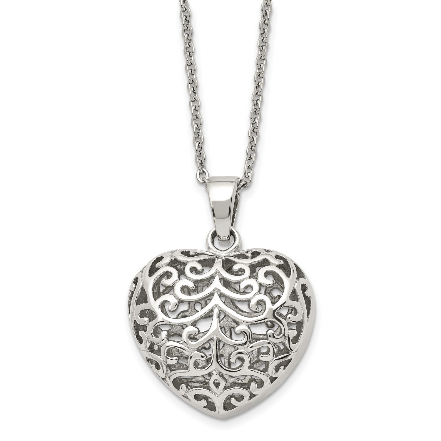 Stainless Steel Filigree Puffed Heart Pendant Necklace 40 mm x 32 mm 22 ...