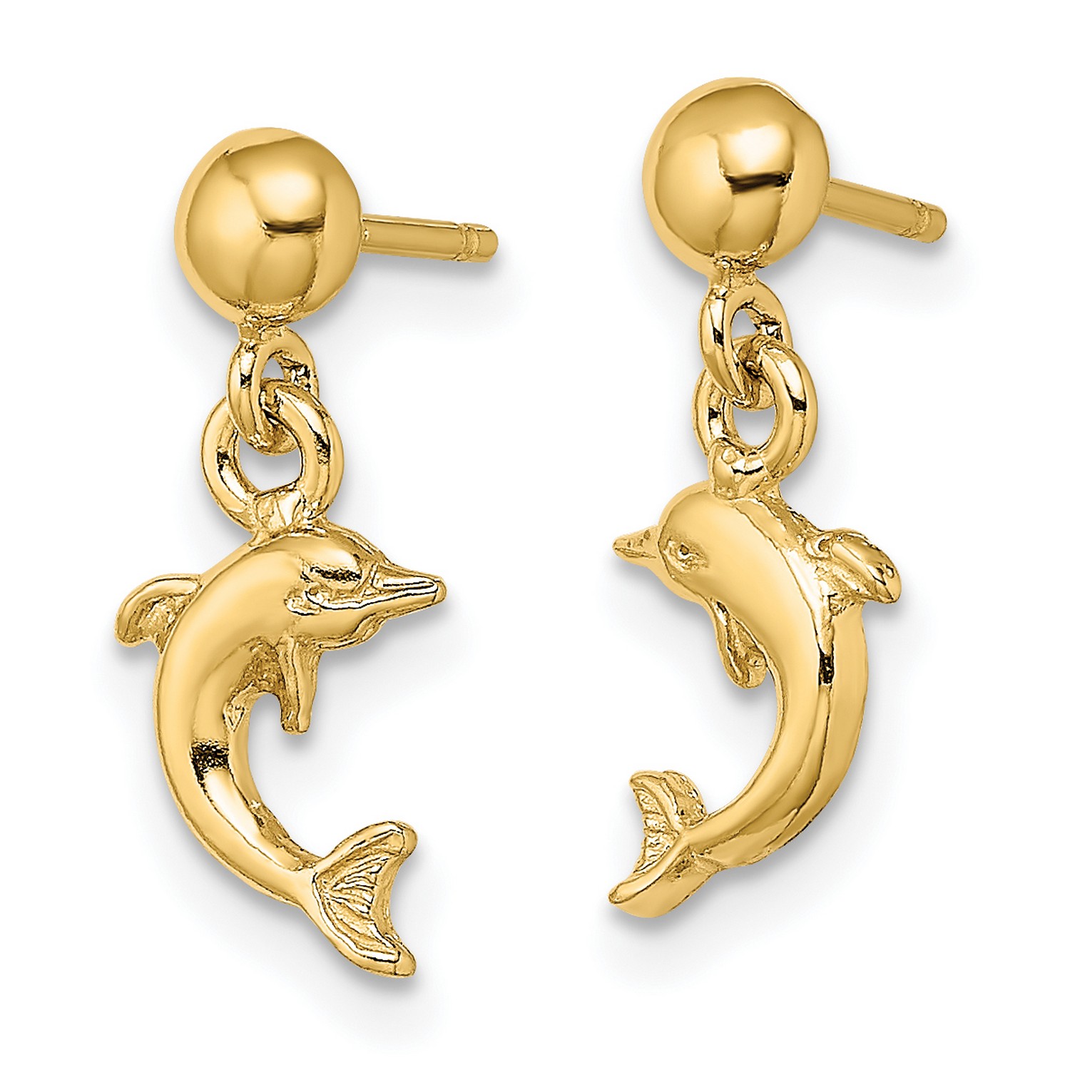 Mini Jumping Dolphin Dangle Earrings In Real 14k Yellow Gold 16 mm x 7 ...