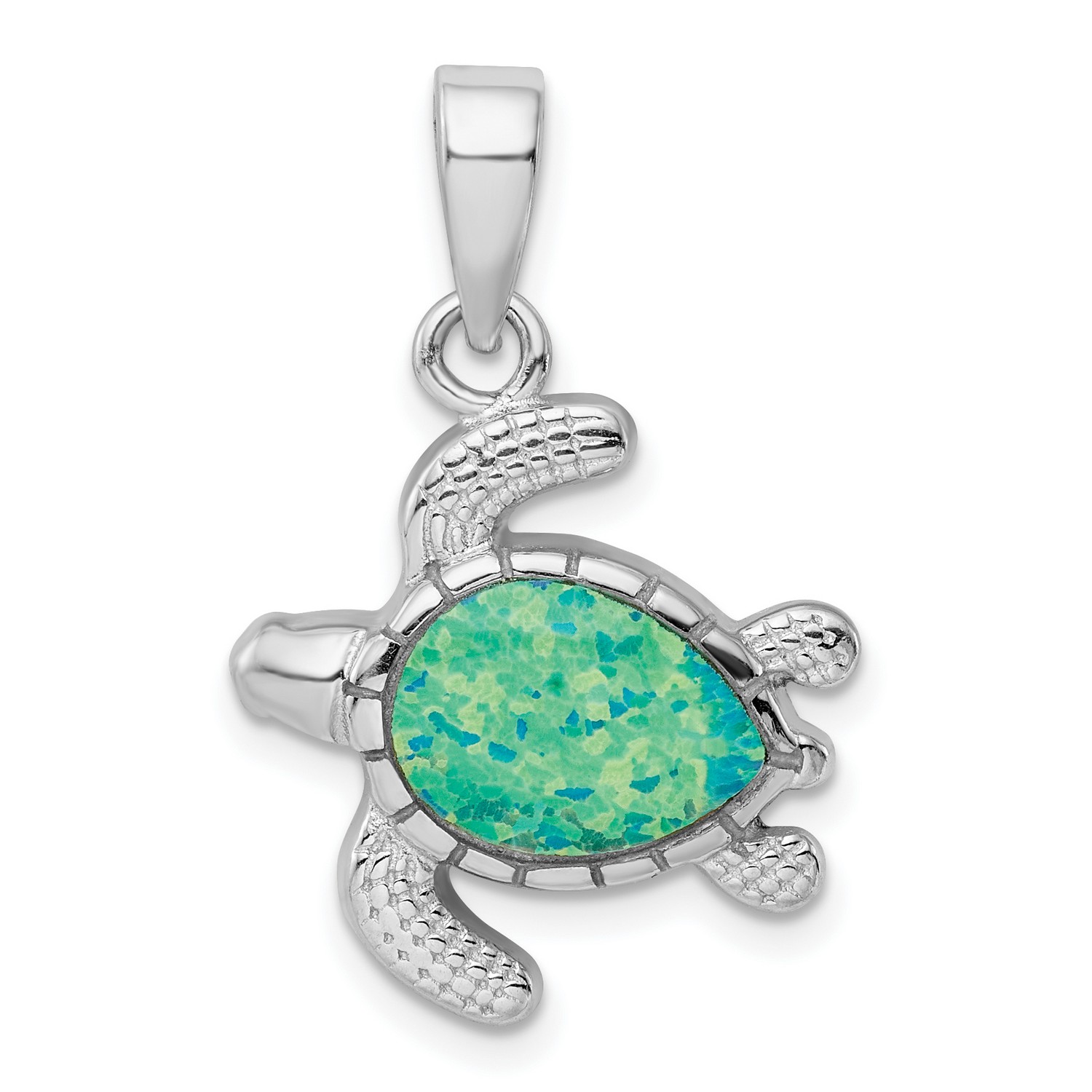 Green Inlay Created Opal Turtle Pendant in 925 Sterling Silver 22 mm x ...