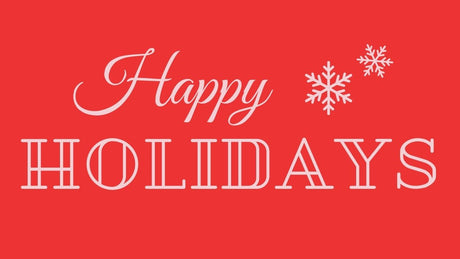 Happy Holidays banner with snowflakes on a red background.