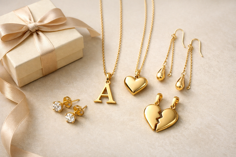 Gold jewelry gift ideas featuring heart pendants, initial letter necklace, stud earrings, dangle earrings, and break-apart pendant
