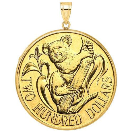 Australian Gold Koala coin pendant, 200 dollar denomination, featuring a koala on a eucalyptus branch in a polished gold bezel.