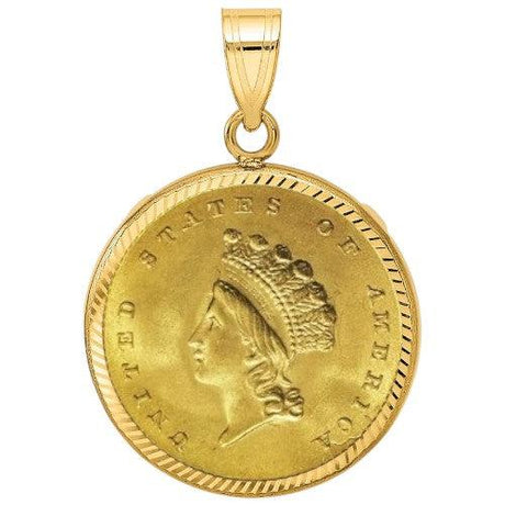 US Indian Princess Gold Dollar Type 2 coin, 1854–1856, $1 gold piece featuring Liberty with feathered headdress, displayed inside a gold bezel.