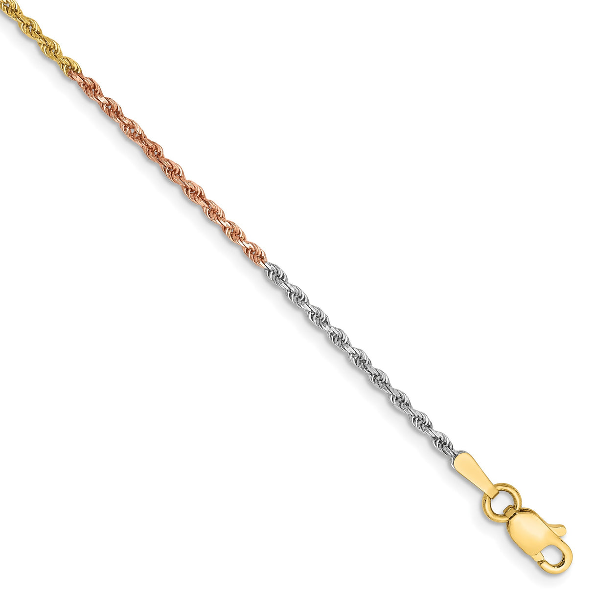 14K Tri-color Gold 1.5 mm Rope Chain Bracelet, Polished