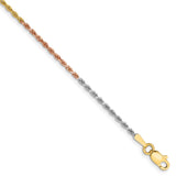 14K Tri-color Gold 1.5 mm Rope Chain Bracelet, Polished