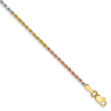 14K Tri-color Gold 1.75 mm Rope Chain Anklet, Polished